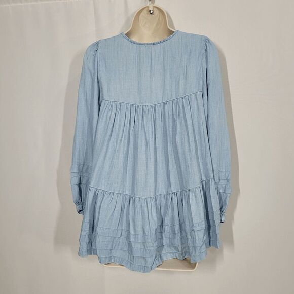 American Eagle Blue Chambray Denim Flowy Ruffle Blouse Size X-Small - Picture 2 of 8